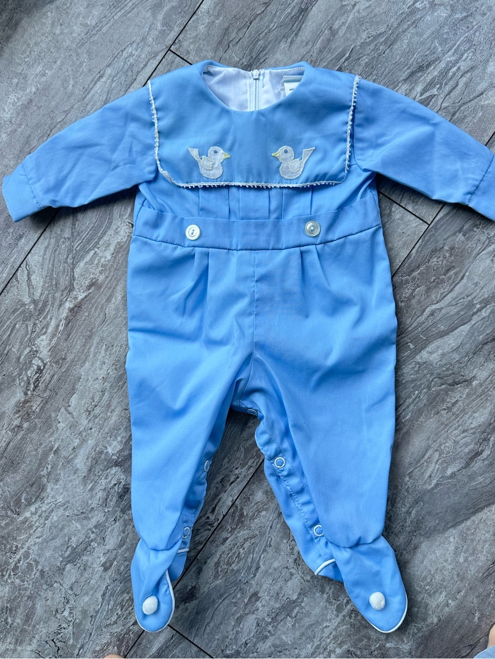 Vintage Betti Terrell Baby Boy Blue Duck Appliqué Romper Made USA 3 Months